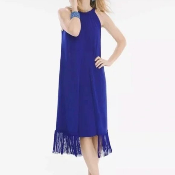 NWT Royal Blue Chicos Fringed-Hem Dress, Size 1 (comparable to small or 4) - Picture 1 of 15